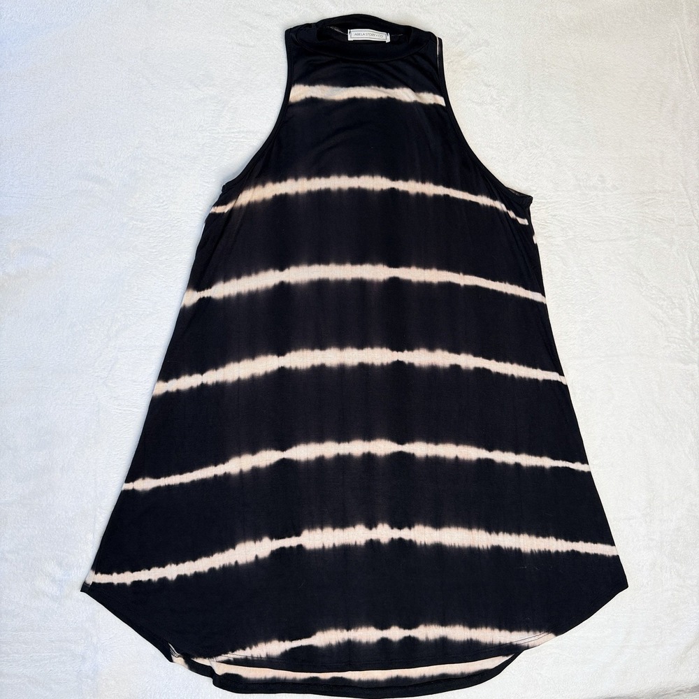 Black Tie Dye Swing Dress Sleeveless High Neck Racerback A Line Boutique M - Picture 2 of 7